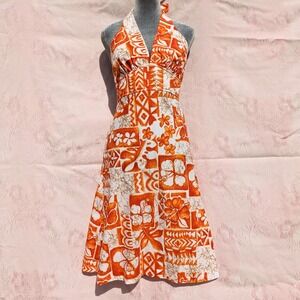 Vtg 70s Kimo's Polynesian Shop Hawaiian Dress Orange Tiki Halter Floral Resort